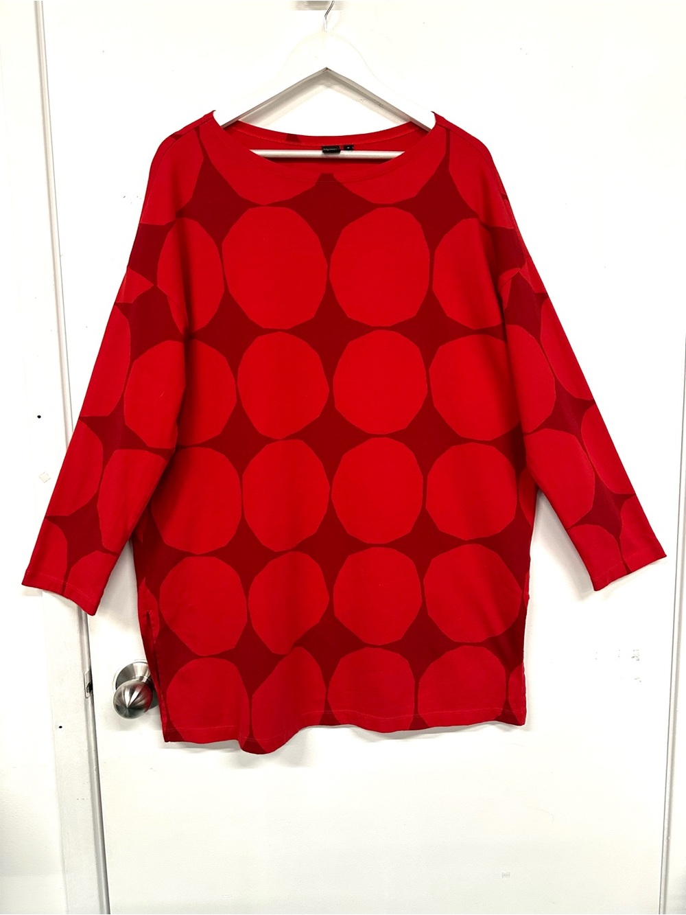 Marimekko Uniqlo Red Tunic Top XL Boatneck Graphic Cotton Oversized 3/4 Sleeve